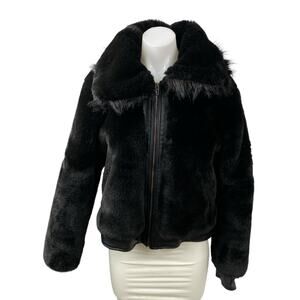 Blank NYC Womens Black Faux Fur Long Sleeve Zip Up Moto Bomber Coat Jacket Sz M
